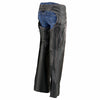 Pink leather motorcycle chaps for women by Milwaukee Leather, low-rise waist with double buckle and reflective embroidery.