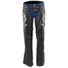 Pink leather motorcycle chaps for women with black accents, low-rise waist, double buckle, reflective embroidery, Milwaukee Leather ML1187