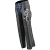 Pink leather motorcycle chaps for women with double buckle, reflective embroidery, low-rise waist, by Milwaukee Leather.