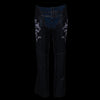 Pink leather motorcycle chaps for women with black accents, low-rise waist, double buckle, and reflective embroidery by Milwaukee Leather.