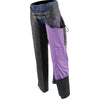Black and purple Milwaukee Leather women's motorcycle chaps with low-rise waist, double buckle, and reflective embroidery.