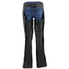 Milwaukee Leather Purple and black leather motorcycle chaps for women with low-rise waist, double buckle, and reflective embroidery.