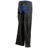 Black and purple Milwaukee Leather women's motorcycle chaps with low-rise waist, double buckle, reflective embroidery, and leather material.