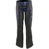 Black and purple Milwaukee Leather chaps for women with low-rise waist, double buckle, reflective embroidery, and motorcycle style.