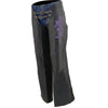 Milwaukee Leather purple and black women's leather chaps with low-rise waist, double buckle, reflective embroidery, motorcycle style.