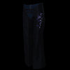 Black and purple Milwaukee Leather women's motorcycle chaps with reflective embroidery, low-rise waist, and double buckle closures.