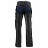 Black Milwaukee Leather men's motorcycle chaps with snap closures, thermal lining, and four pockets, made from naked leather.