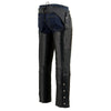 Milwaukee Leather men's black leather motorcycle chaps with snap closures, four pockets, and thermal lining for riding comfort.