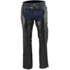 Black Milwaukee Leather men's motorcycle chaps with snap closures, four pockets, and thermal lining for riding comfort and protection.
