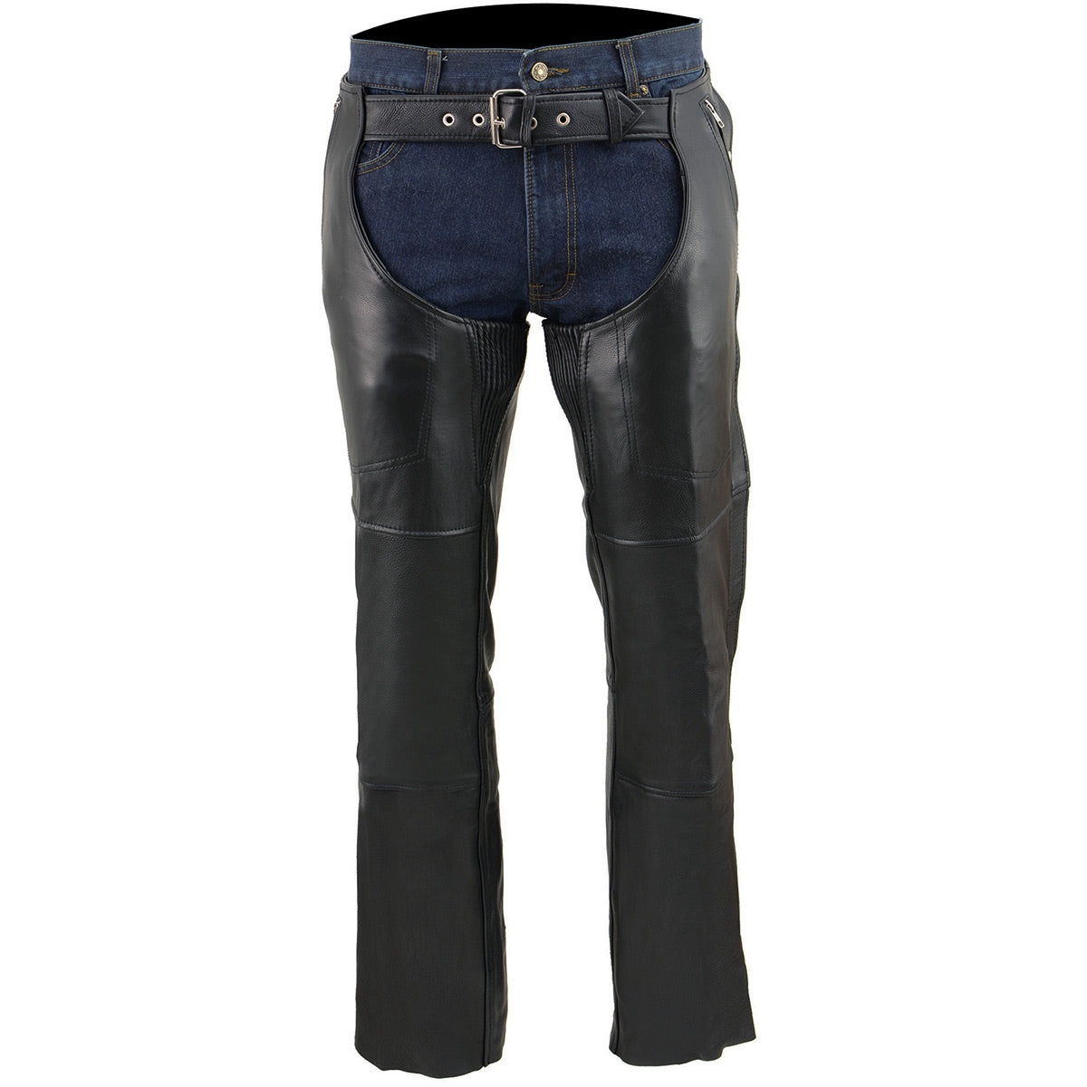 Black Milwaukee Leather men's motorcycle chaps with snap closures, four pockets, and thermal lining for riding comfort and protection.