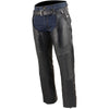 Black Milwaukee Leather men's motorcycle chaps with snap closures, four pockets, naked leather design, thermal lining, and rugged style.