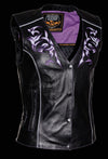 Milwaukee Leather women's black and purple wing studded leather vest with decorative studs and a stylish design.