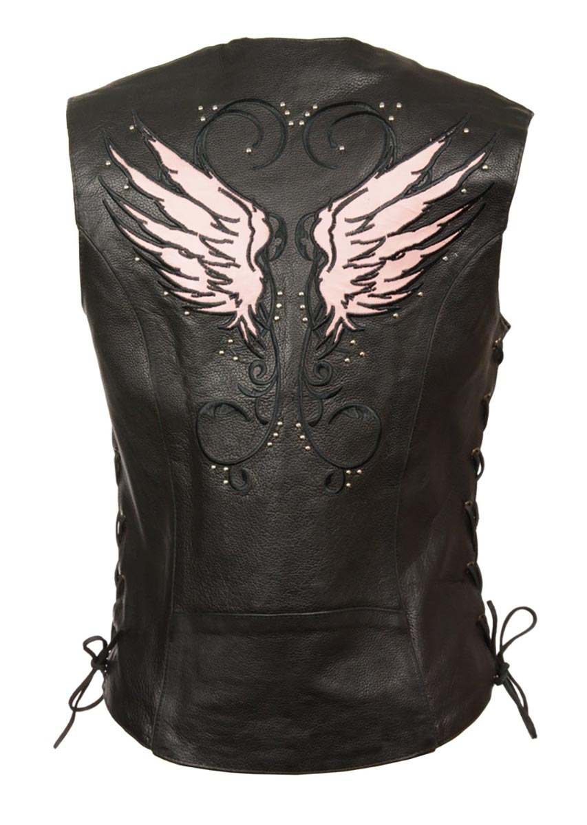 Milwaukee Leather Women's black and pink Wing Studded leather vest with studded details, stylish and fitted women's vest.