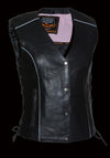 Milwaukee Leather women's black and pink wing-studded leather vest with metallic stud accents, tailored fit for stylish casual wear.