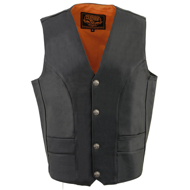 Milwaukee Leather men's black naked leather V-neck motorcycle rider vest with buffalo nickel snap closures, front and back view.