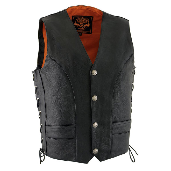 Milwaukee Leather ML1369 men's black naked leather motorcycle rider vest with side lace and buffalo nickel snap closures, front view.