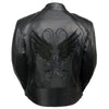 Milwaukee Leather women's black leather scooter jacket with embroidered wing and stud design, featuring a stylish urban look.