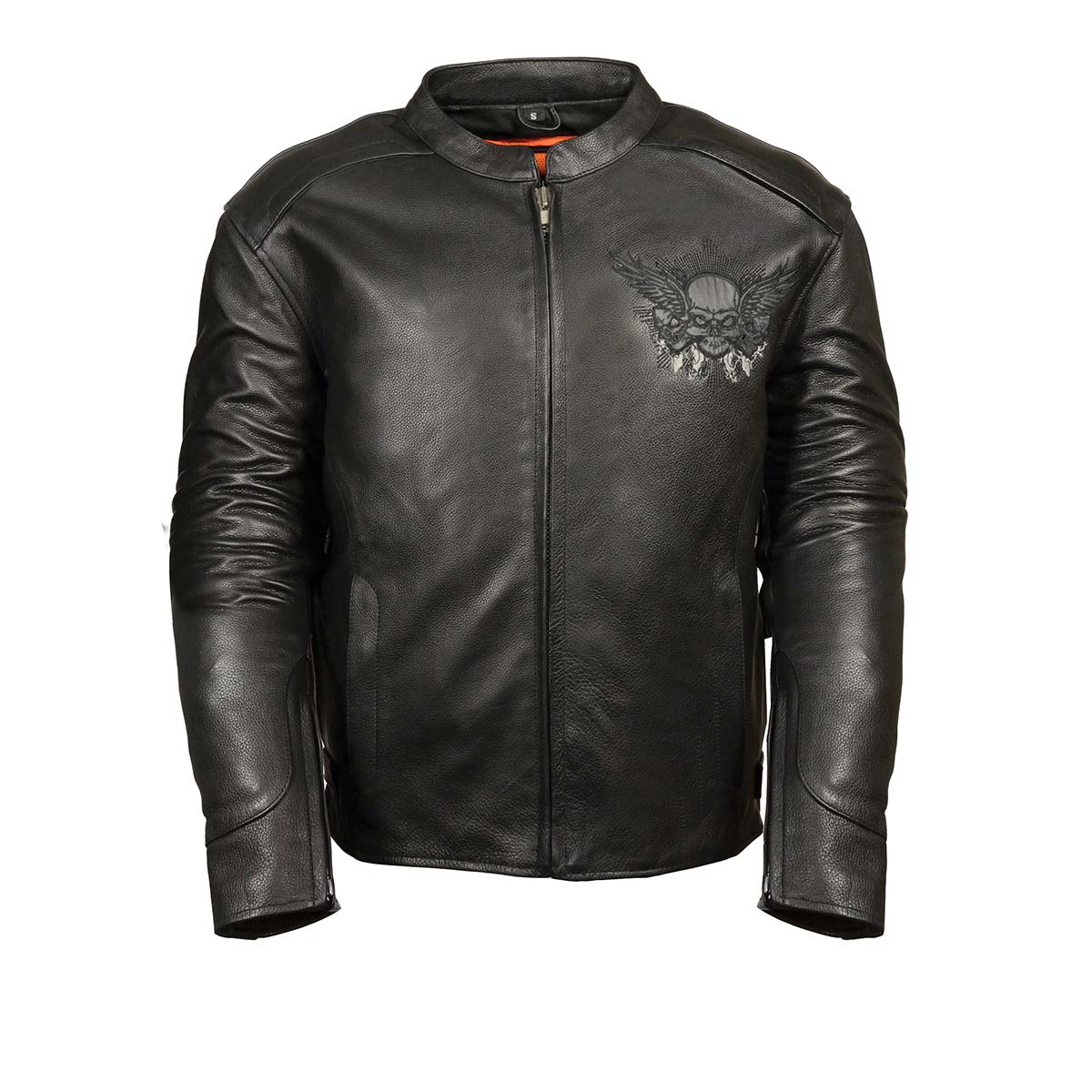 Milwaukee Leather ML2055 men's black leather scooter jacket with reflective skull design, featuring a stylish and rugged look.