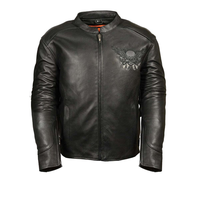Milwaukee Leather ML2055 men's black leather scooter jacket with reflective skull design, featuring a stylish and rugged look.
