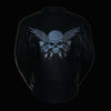 Milwaukee Leather men's black leather scooter jacket with reflective skull design and zippered front.