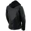 Black Milwaukee Leather women's 3/4 leather hoodie jacket with reflective tribal design, showcasing the stylish hood and intricate pattern.