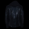 Black Milwaukee Leather women's 3/4 leather hoodie jacket with reflective tribal design, featuring a stylish, fitted silhouette.