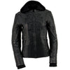 Black women's leather hoodie jacket with 3/4 sleeves and reflective tribal design by Milwaukee Leather.