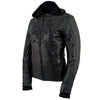 Black Milwaukee Leather women's 3/4 leather hoodie jacket with reflective tribal design and adjustable drawstrings.