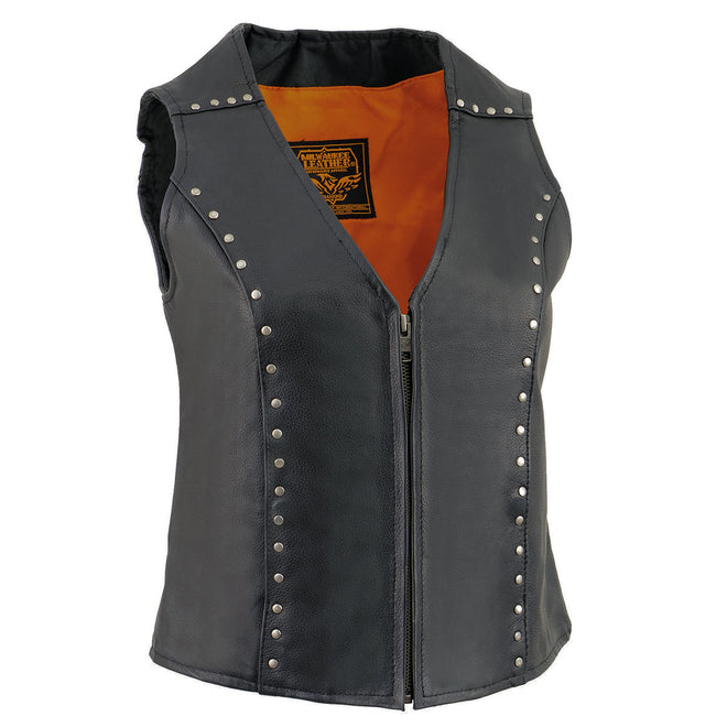 Black women's leather motorcycle rider vest with studding detail and front zip closure by Milwaukee Leather.