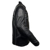 Milwaukee Leather men's black vented reflective leather jacket, with visible vents and reflective strips, displayed on a hanger.