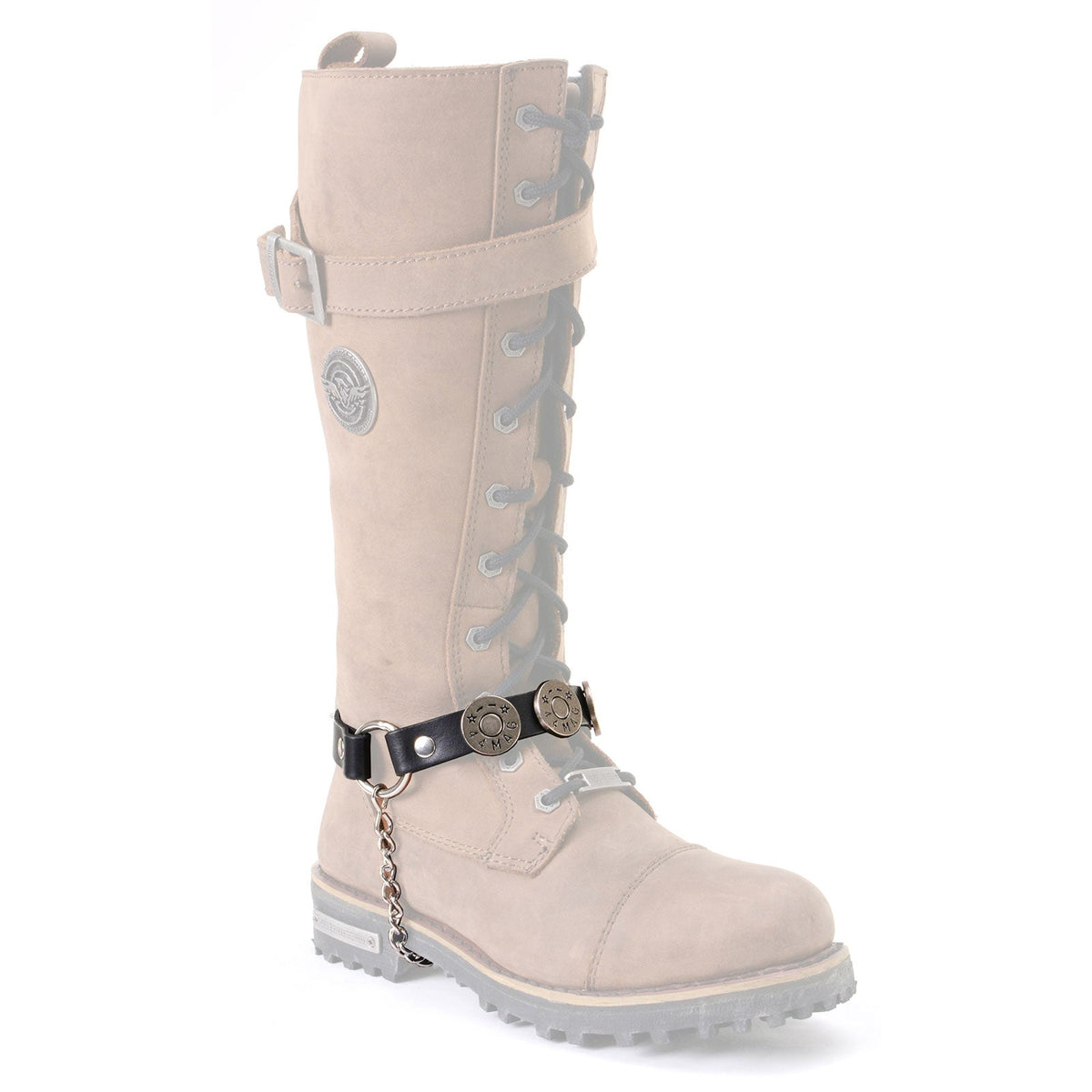 Milwaukee Leather silver biker chain for motorcycle boots with 44 MAG medallion, showcasing durable metal design and detailed embellishments.