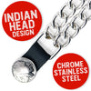 Milwaukee Leather Indian Head Medallion vest extender set with double chrome chains, genuine leather, 8.5-inch extension, 4-piece.