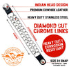Milwaukee Leather Indian Head Medallion vest extender set with four 8.5-inch double chrome chain extensions in genuine leather.