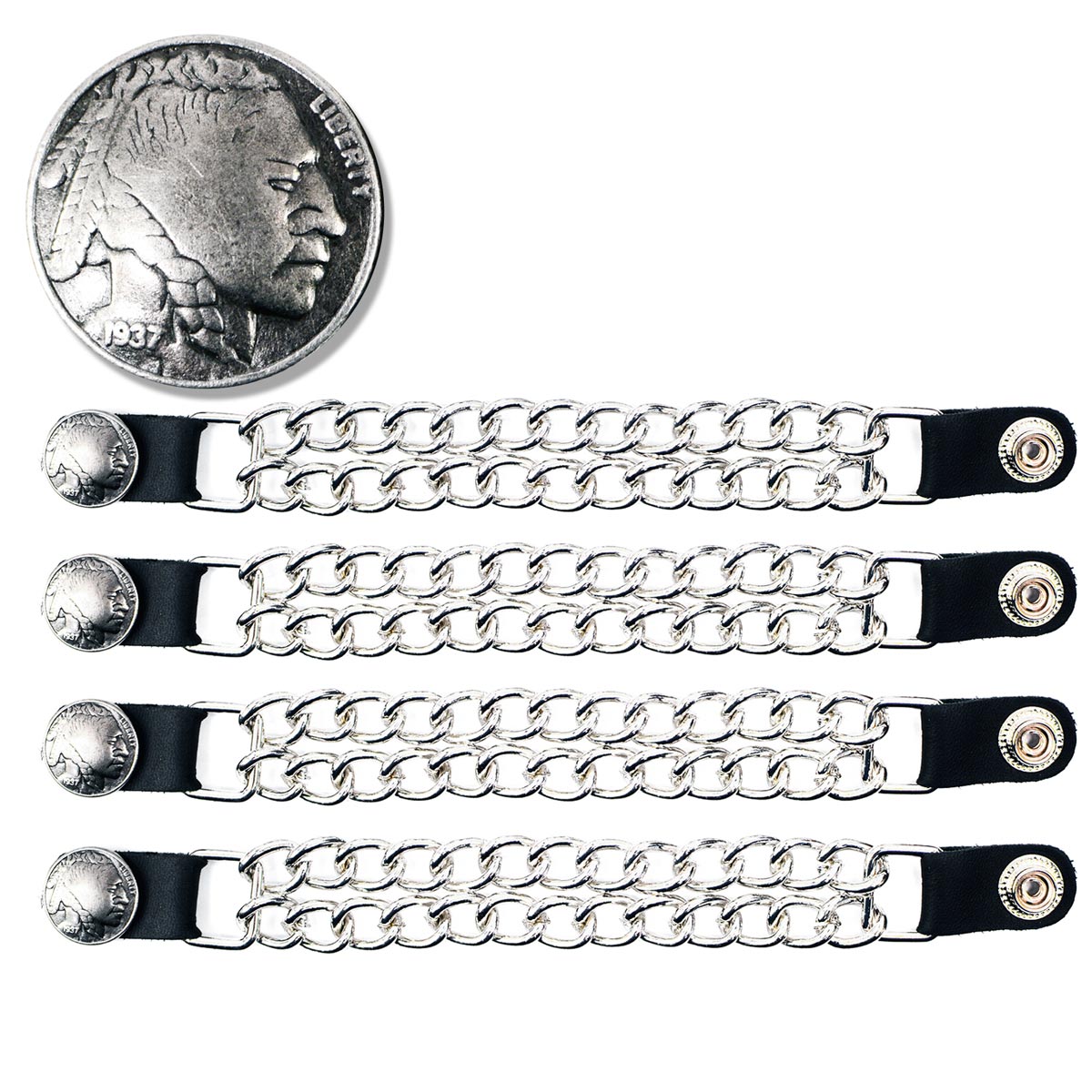 Milwaukee Leather Indian Head Medallion vest extender with double chrome chains, genuine leather, 8.5-inch extension, 4-piece set.