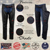 Milwaukee Leather women's black Shade motorcycle chaps with premium leather, front view showing inside features.