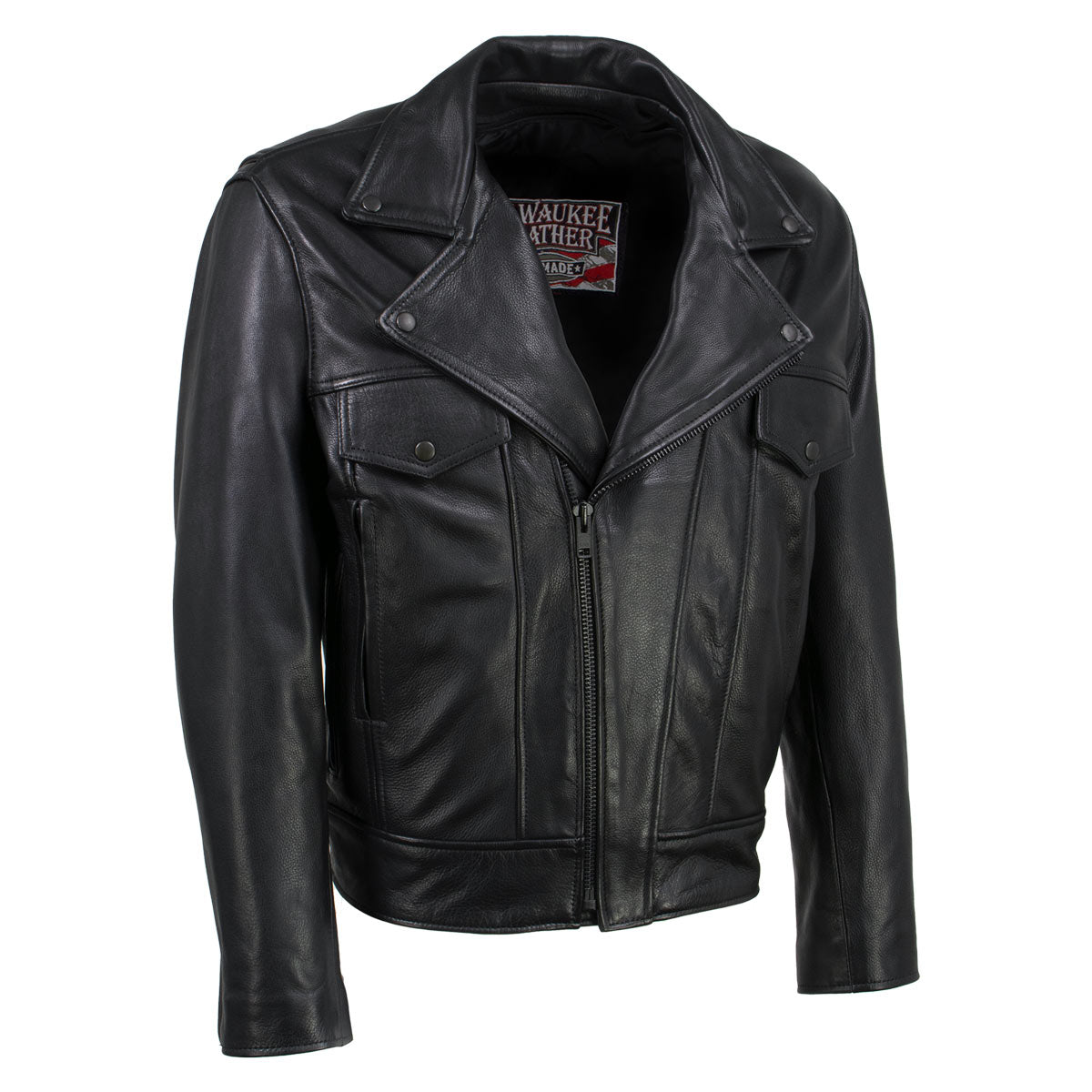 Milwaukee Leather men's black Revolve motorcycle jacket with vented design, premium leather, and classic fit.