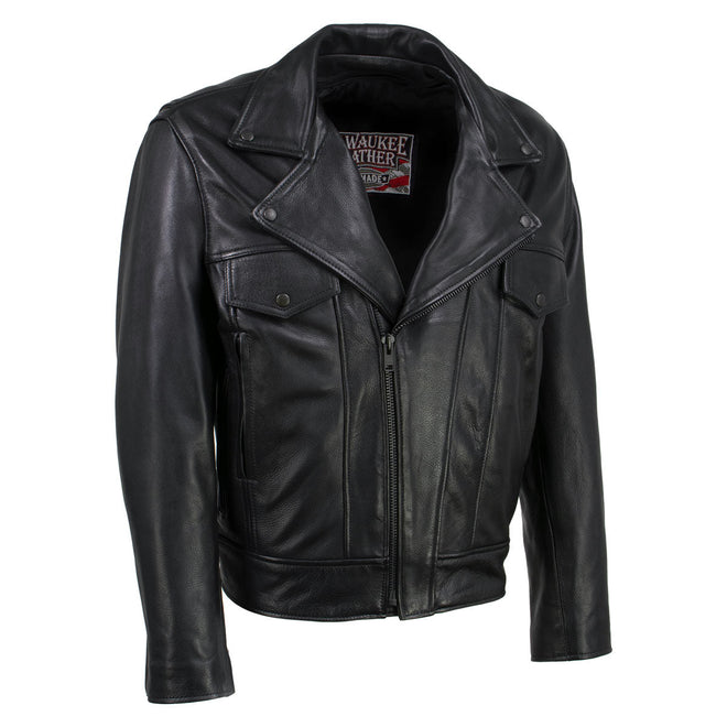 Milwaukee Leather men's black Revolve motorcycle jacket with vented design, premium leather, and classic fit.