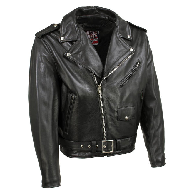 Milwaukee Leather Men's black "The Dean" premium leather motorcycle jacket with throwback style, front zipper, and classic design.