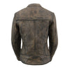 Distressed brown leather women's Milwaukee Leather scooter jacket with vented design and classic motorcycle style.