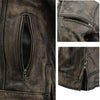 Close-up of Milwaukee Leather women's distressed brown leather scooter jacket with vented design and detailed stitching.