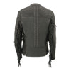 Women's black lightweight leather motorcycle jacket with fringe details, Milwaukee Leather racer style, designed for women.