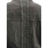 Black women's leather motorcycle jacket with fringed detail from Milwaukee Leather, lightweight racer style, shown on a model.
