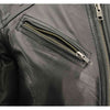 Black women's lightweight leather motorcycle jacket with fringe details, designed by Milwaukee Leather, featuring a racer style.