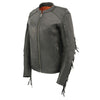 Black women's Milwaukee Leather fringed lightweight leather motorcycle jacket with racer style and decorative fringe details.