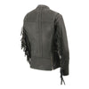 Black women's Milwaukee Leather motorcycle jacket with fringed details, lightweight leather, and a racer style.