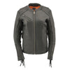 Black women's leather motorcycle jacket with fringe details, lightweight design, from Milwaukee Leather, featuring a racer style.