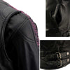 Milwaukee Leather women's black and purple crinkled arm lightweight racer jacket, stylish women's motorcycle jacket with vibrant color accents