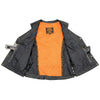 Milwaukee Leather Women's black leather motorcycle vest with V-neck, side laces, and front snap closure, designed for riding comfort.