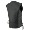 Milwaukee Leather Women's black leather V-neck motorcycle vest with side laces and front snap closure, displayed on a mannequin.