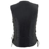 Milwaukee Leather women's black leather V-neck motorcycle rider vest with side laces and front snap closure, showcasing detailed craftsmanship.